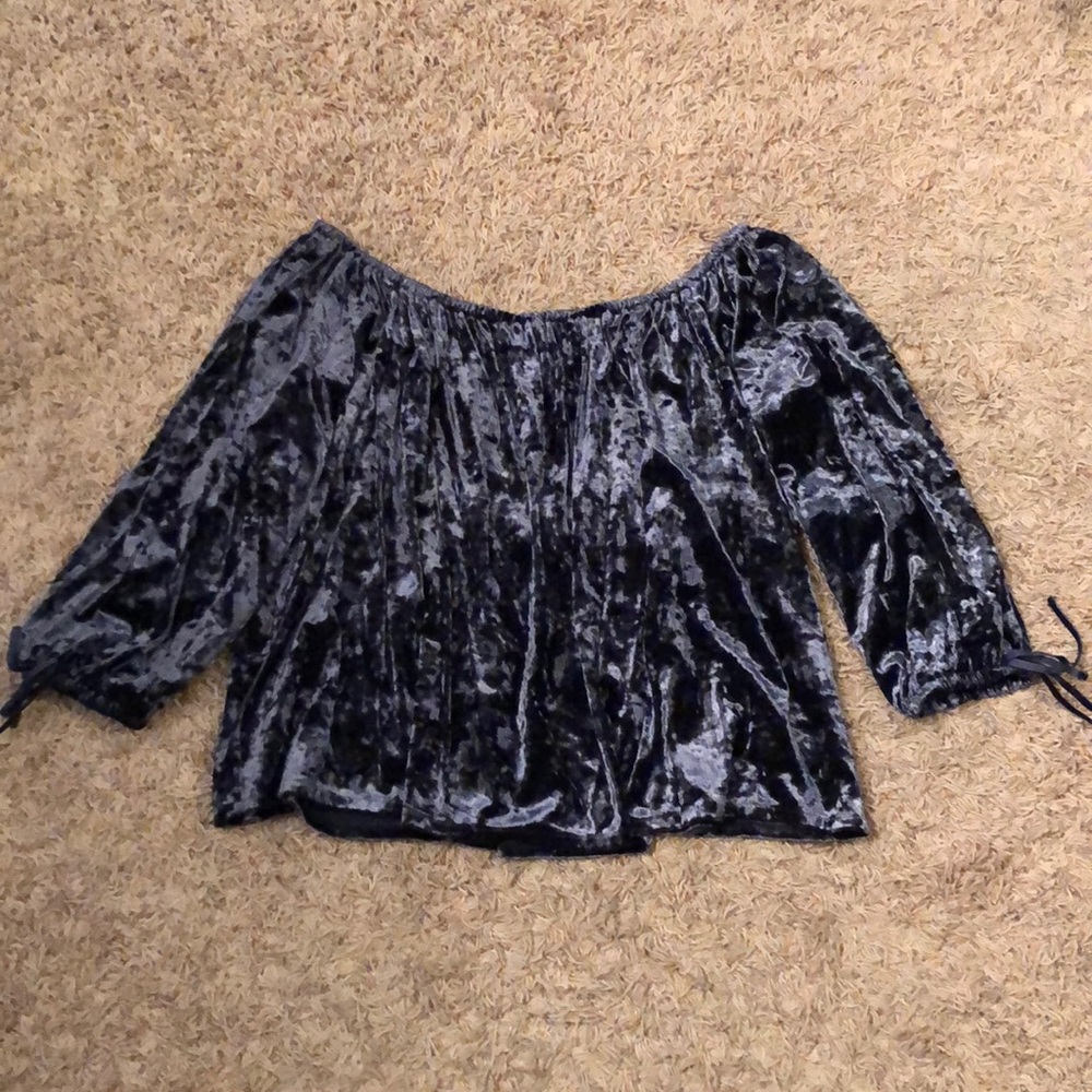 Off the shoulder blue velvet top